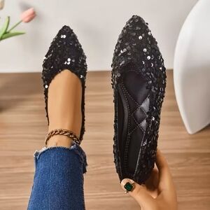 Elegant Black Sequin Women's Flats